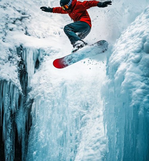 extreme snowboarding on a frozen waterfall stunning photorealistic action