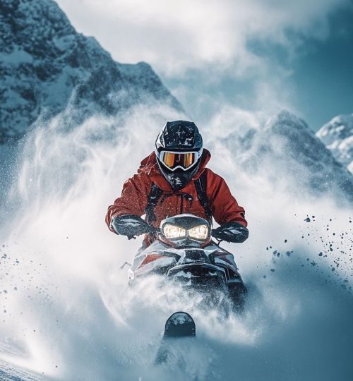 Захватывающий скитуринг лыжник мчится за снегоходом по снегу!